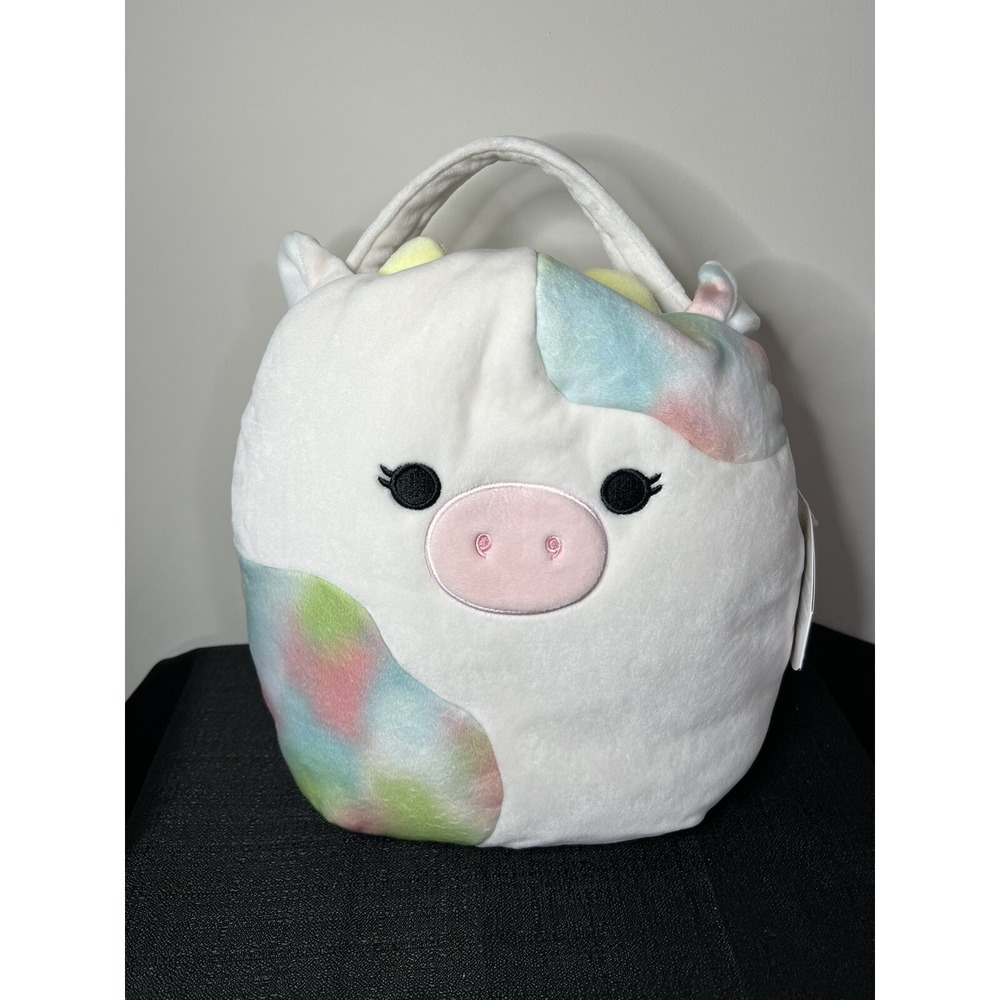 Squishmallows Candess Cow Easter Basket Kids White Rainbow Tie Dye Plush Bucket